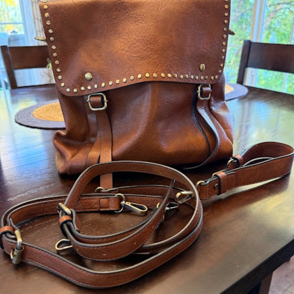 Jen & Co Indigo Vegan Leather Backpack/Shoulder bag Light Brown/Tan w/ studs - Picture 6 of 15